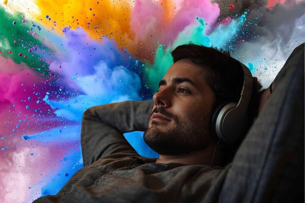 mies kuuntelee musiikkia kuulokkeilla värit synestesia musiikki värit ilmiö