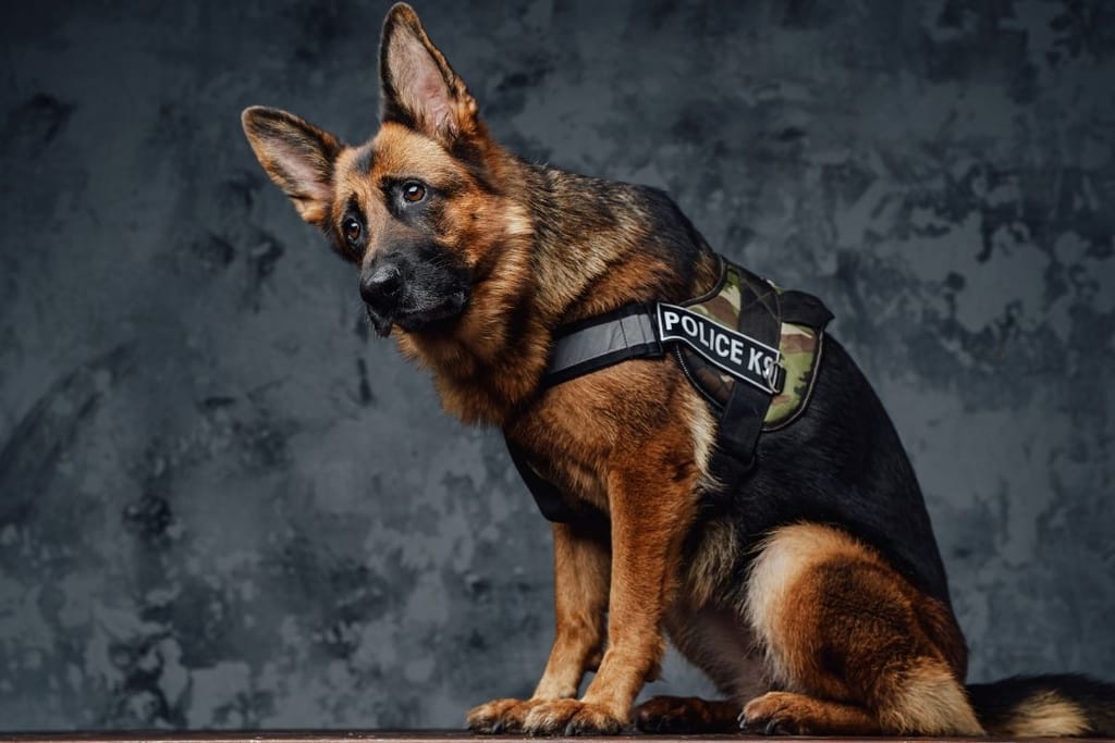 poliisikoira saksanpaimenkoira valppaana – koulutettu tunnistamaan rikollista toimintaa