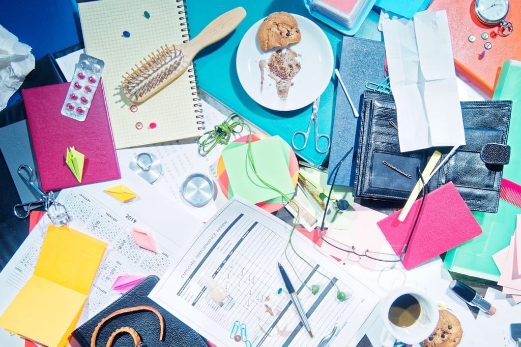 Sotkuinen työpöytä täynnä muistilappuja, kahvikuppeja ja tavaroita – luova kaaos ja epäjärjestys
