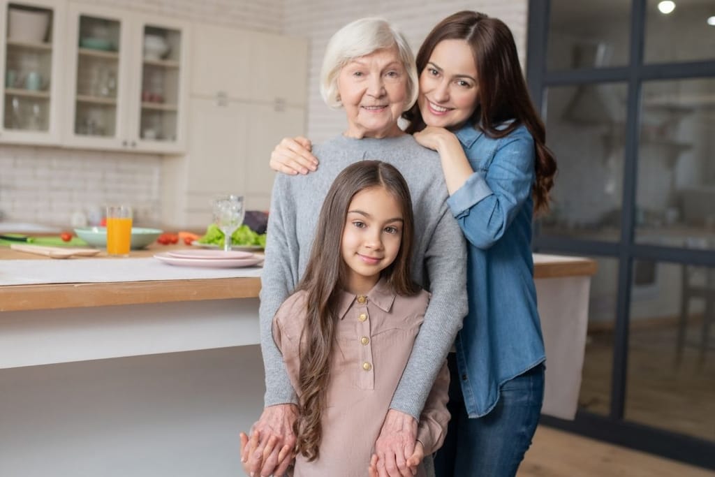 kolme sukupolvea yhdessä – lapsi, vanhempi ja isovanhempi perhesuhteessa
