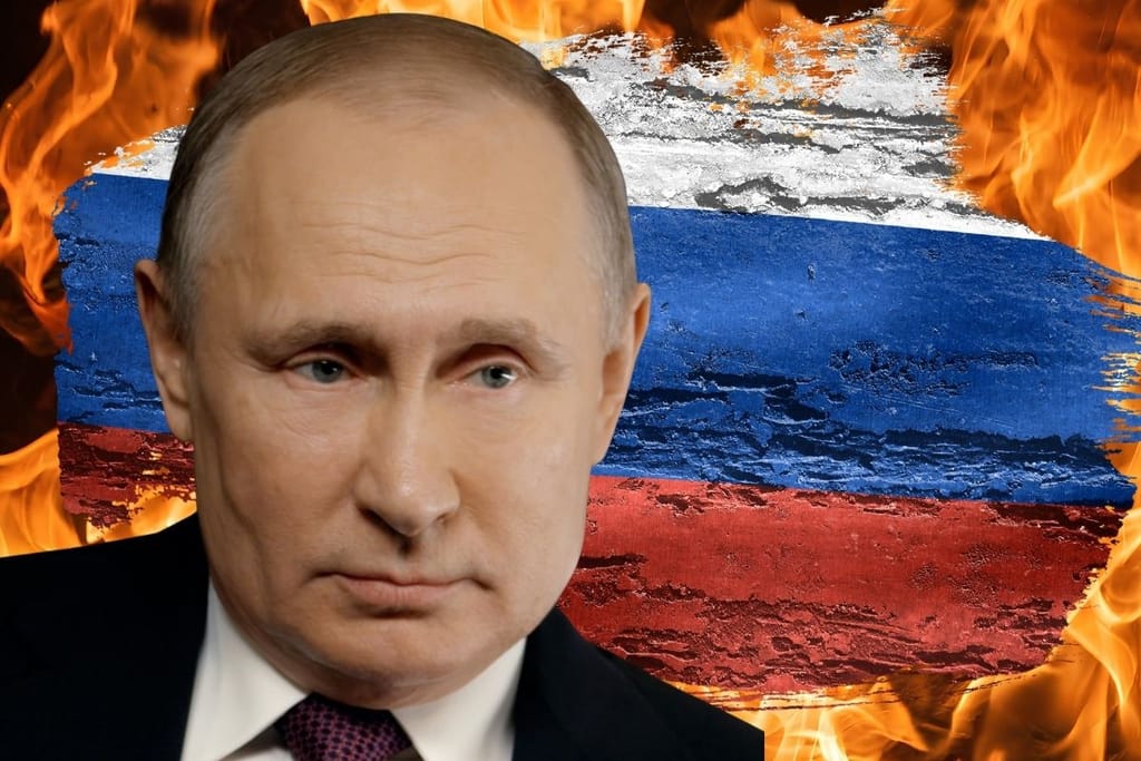 Vladimir Putin Venäjän lipun edessä liekkien ympäröimänä – kuvituskuva venäläisen järjestelmän kriisistä.