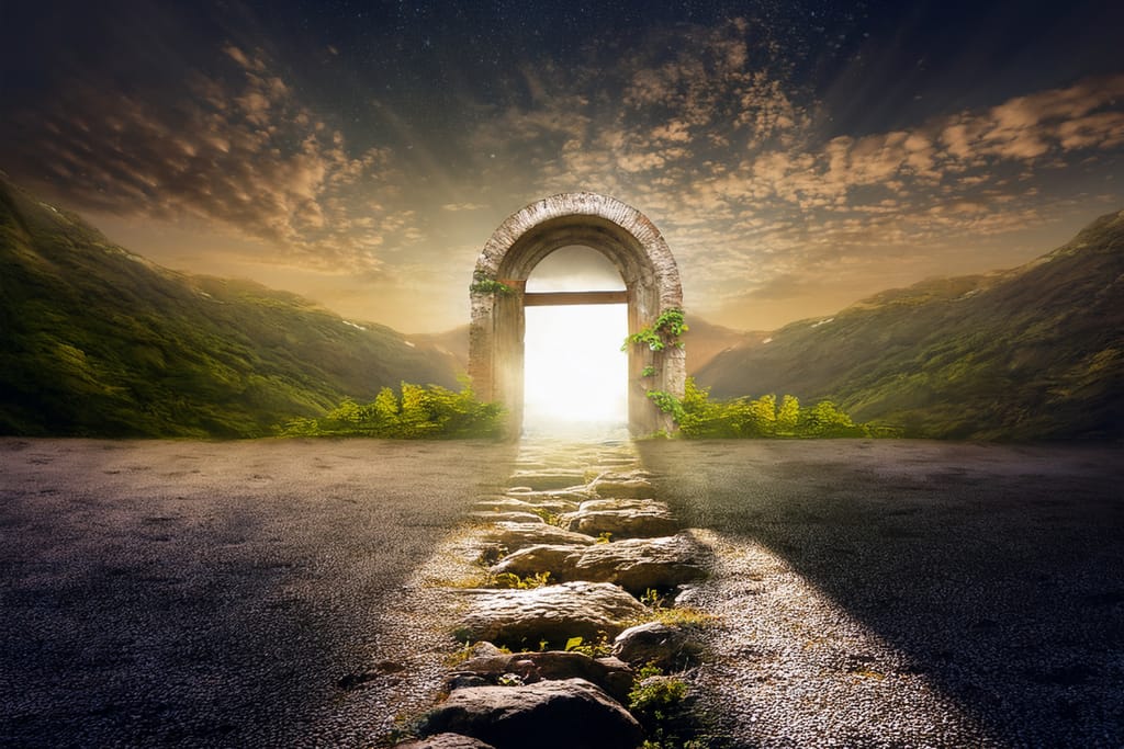 Kuvituskuva kuolemasta. Maisemassa ovi, josta tulee valoa.