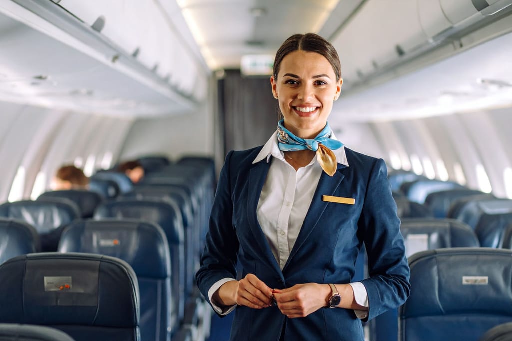 Lentoemäntä seisoo keskellä lentokoneen käytävää ja hymyilee.