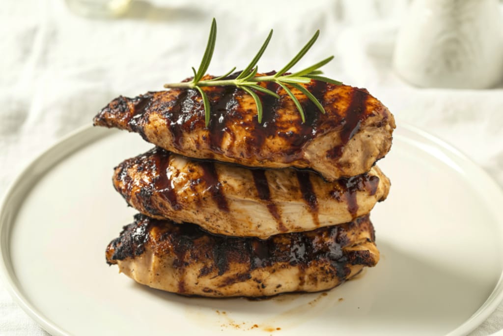 Grillattuja broilerinfileitä lautasella kasassa.