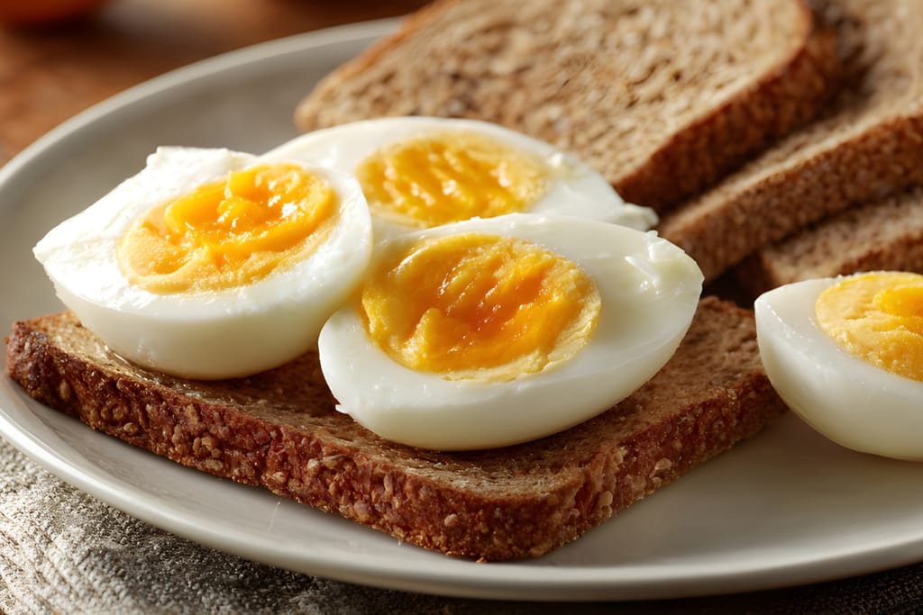 Keitettyjä kananmunia leivän päällä lautasella.