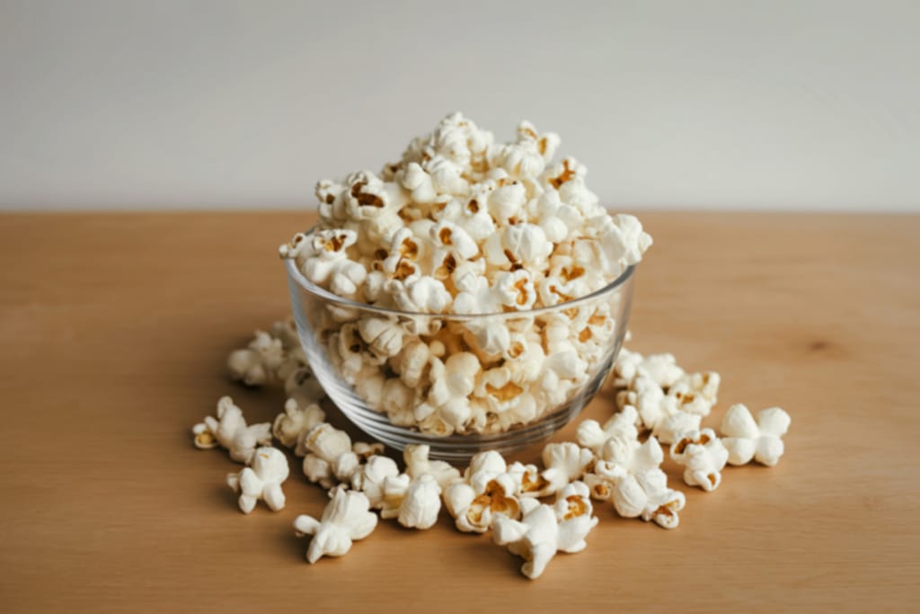 Kulhollinen popcornia pöydällä.