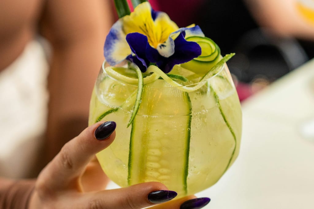 Kädessä juoma, joka on koristeltu kurkkuviipaleilla ja kukilla.