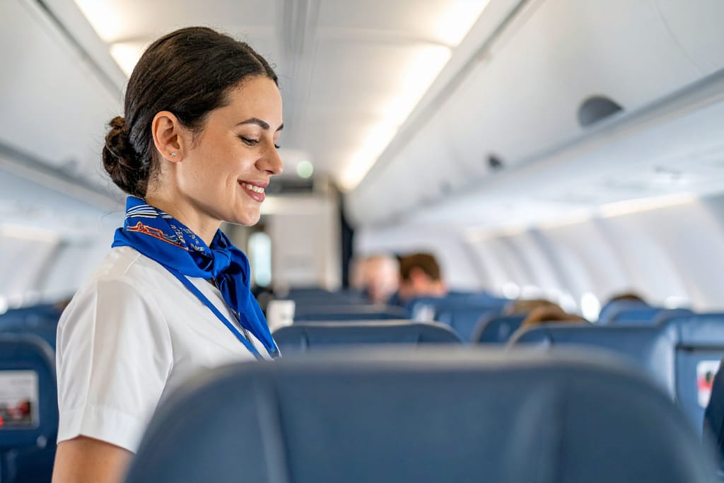 Lentoemäntä auttaa matkustajaa lentokoneessa.
