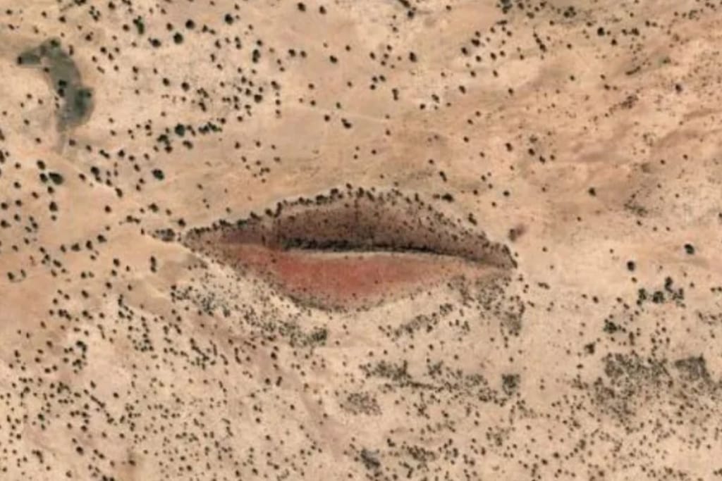 Satelliittikuva Sudanin autiomaasta, jossa näkyy huulten muotoinen punaruskea geologinen painauma hiekkamaastossa