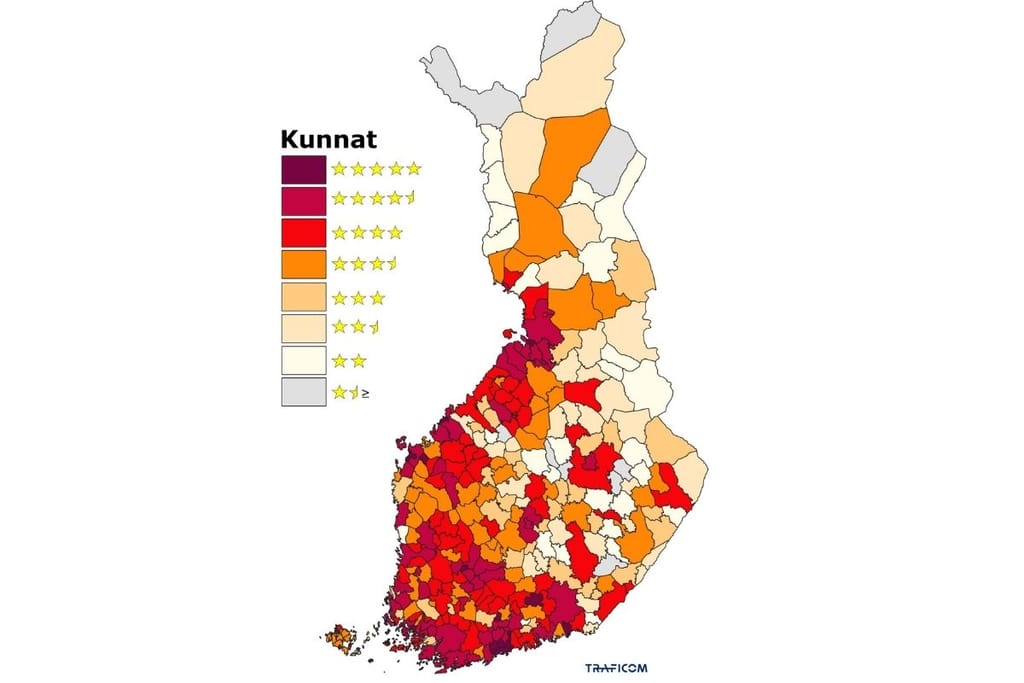 Traficomin Suomen kartta vuoden 2026 kuntakohtaisesta laajakaistaluokituksesta – kunnat värikoodattuna tähtimäärän mukaan tummasta punaisesta (5 tähteä) harmaaseen (alle 2 tähteä).