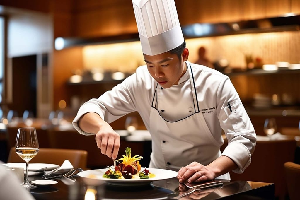 Keittiömestari viimeistelee fine dining -annosta ravintolassa