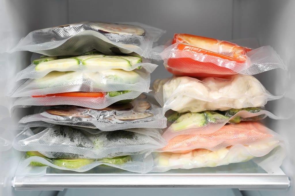 Pakastimen hylly täynnä vakuumiin pakattuja kasviksia ja kalaa