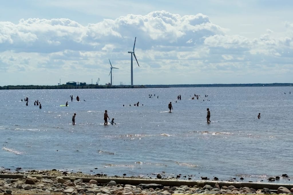 
Ihmisiä uimassa matalalla hiekkarannalla aurinkoisena kesäpäivänä, taustalla tuulivoimaloita ja kumpupilviä.