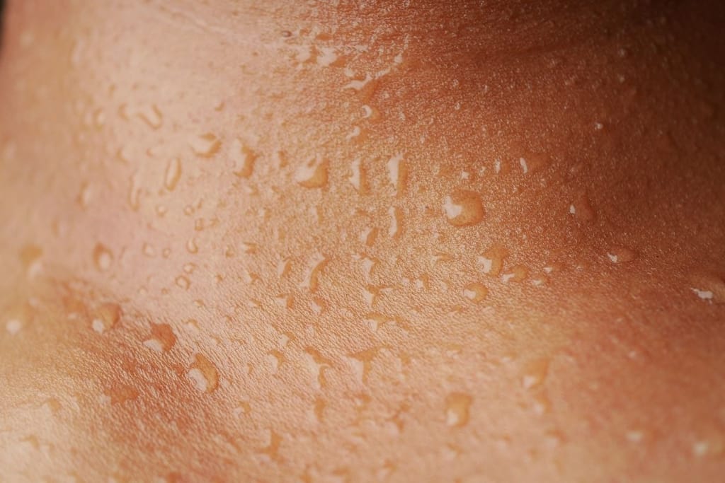 Hikipisaroita ihon pinnalla lähikuvassa – kehon hikoilu visualisoituna.