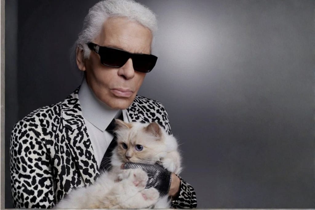 Karl Lagerfeld pitää sylissään valkoista Choupette-kissaansa leopardikuvioisessa takissa