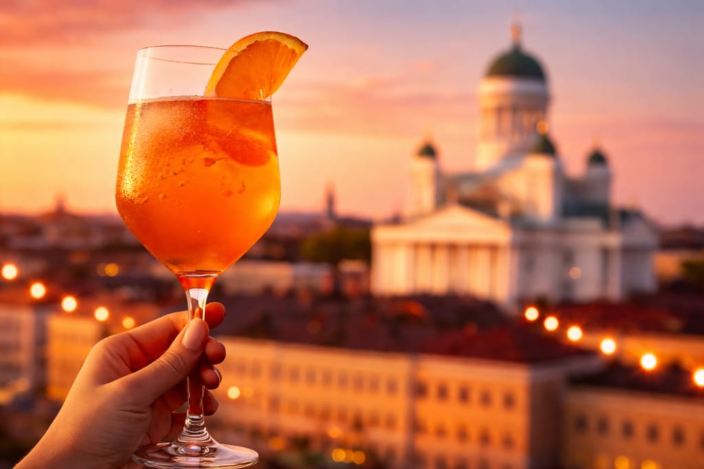 Drinkkilasi, taustalla Helsingin maisema. helsingin Tuomiokirkko taustalla.