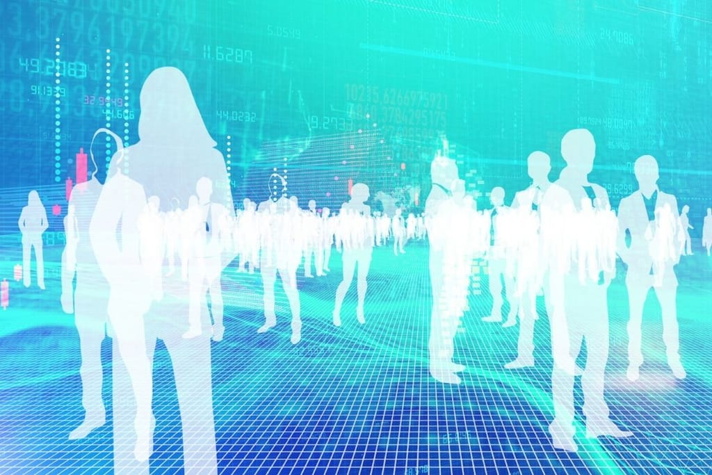 Futuristinen visuaalinen esitys holografisesta universumista, jossa ihmishahmot muodostuvat sinisestä digitaalisesta koodista ja verkostosta.