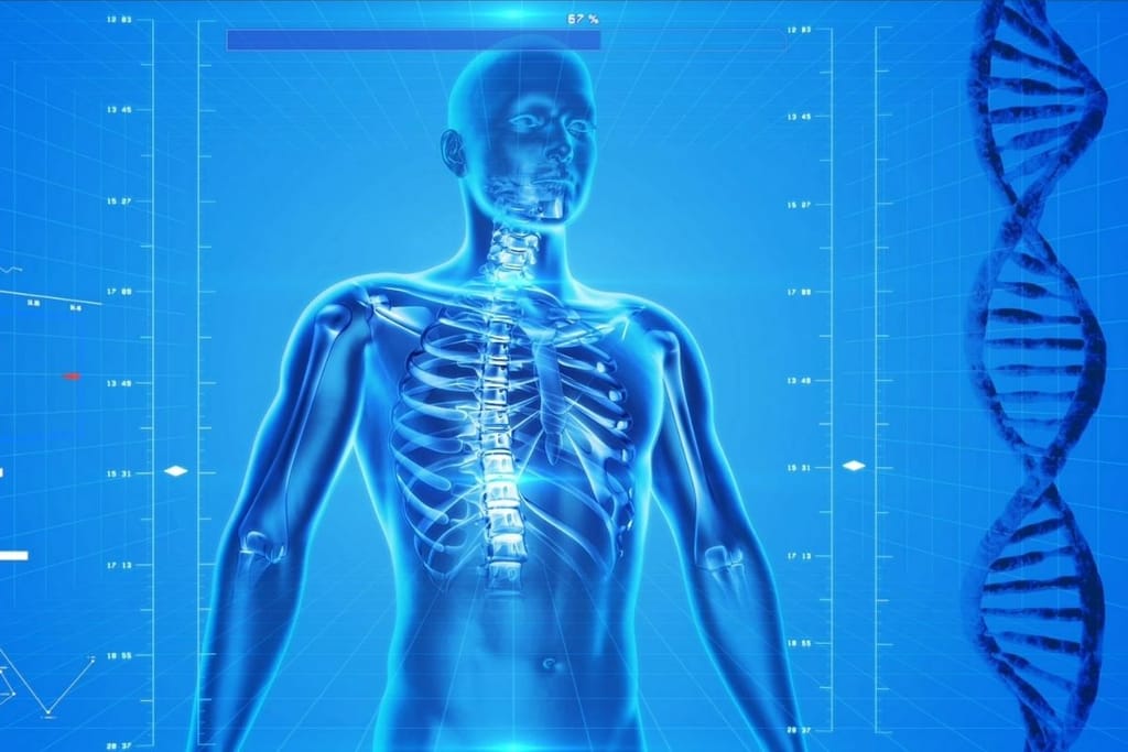 Sininen futuristinen 3D-läpivalaisukuva ihmisen ylävartalosta, luurangosta ja rintakehästä, jonka vieressä näkyy DNA-kaksoiskierre sinisellä taustalla.