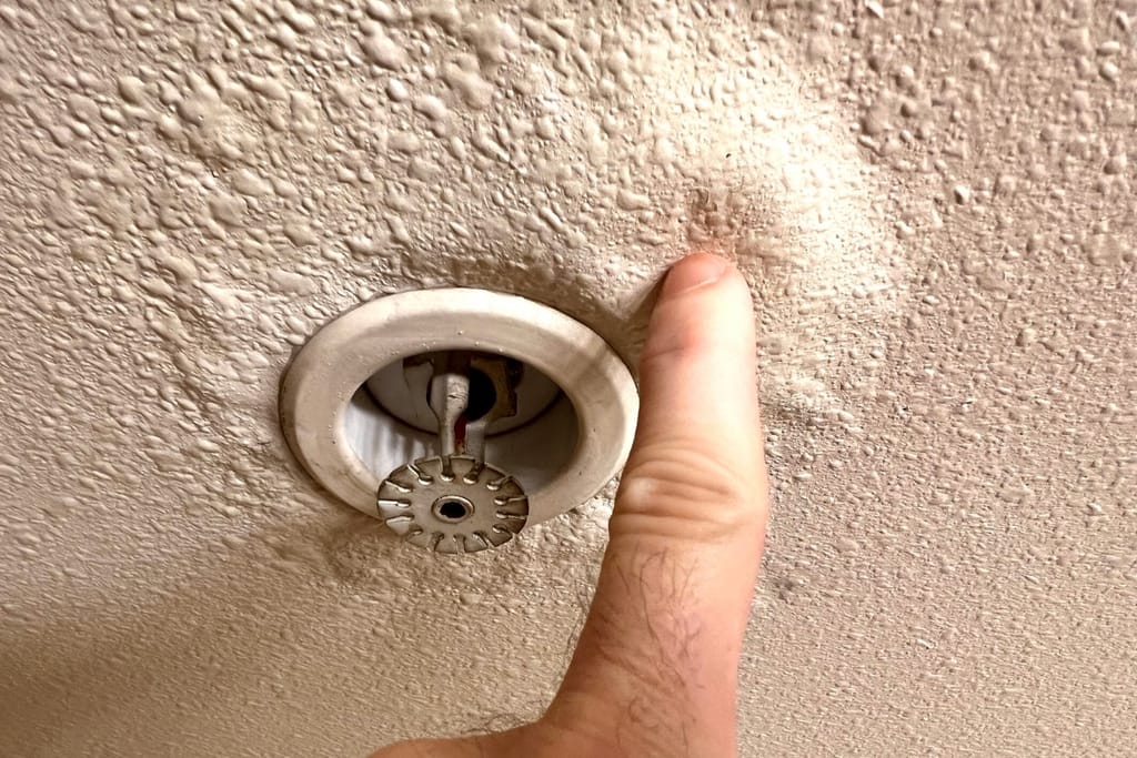 Sormi osoittaa maalin kuplimista ja kosteusvauriota sisäkatossa sprinkleripään vieressä.