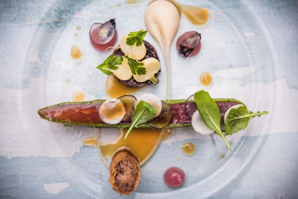 Ylhäältä kuvattu taiteellinen ja värikäs fine dining -annos vaalealla lautasella.