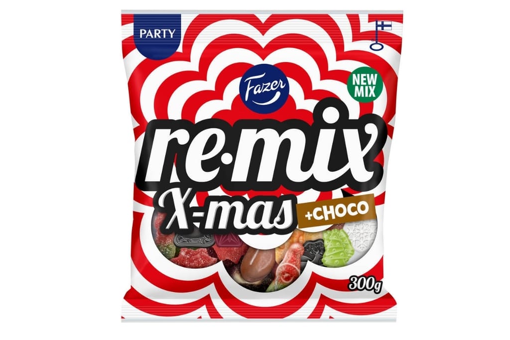 Fazerin punavalkoinen Remix X-mas + Choco -karkkipussi, jonka koko on 300 grammaa.