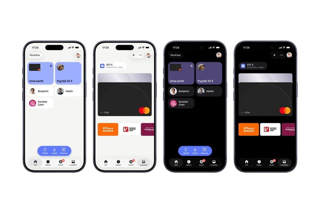 MobilePayn uusi käyttöliittymä neljässä puhelinnäkymässä vaalealla ja tummalla taustalla.
