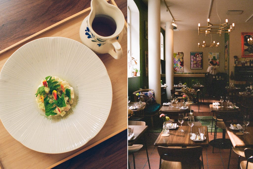 Ravintola 305:n ruoka-annos sekä ravintolasali. TableOnline.