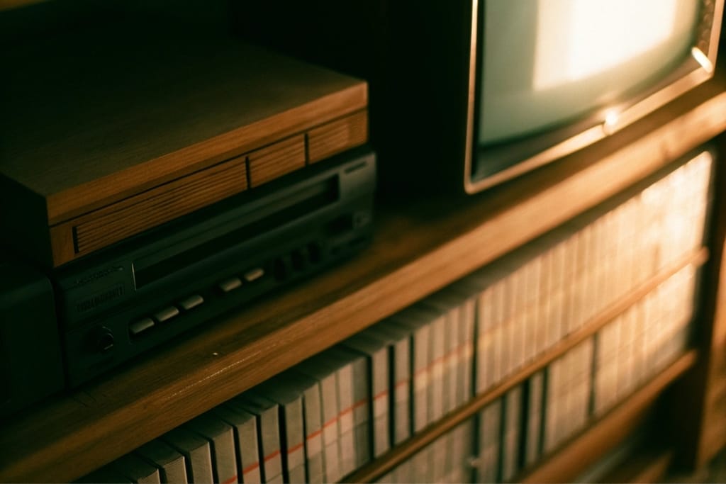 Vanha televisio, videolaite ja kasettirivistö 2000-luvun kodin hyllyssä.