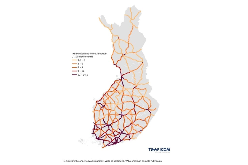 Traficomin kartta näyttää henkilövahinko-onnettomuuksien tiheyden Suomen maanteillä, ja tummimmat tieosuudet keskittyvät etenkin Etelä-Suomeen.