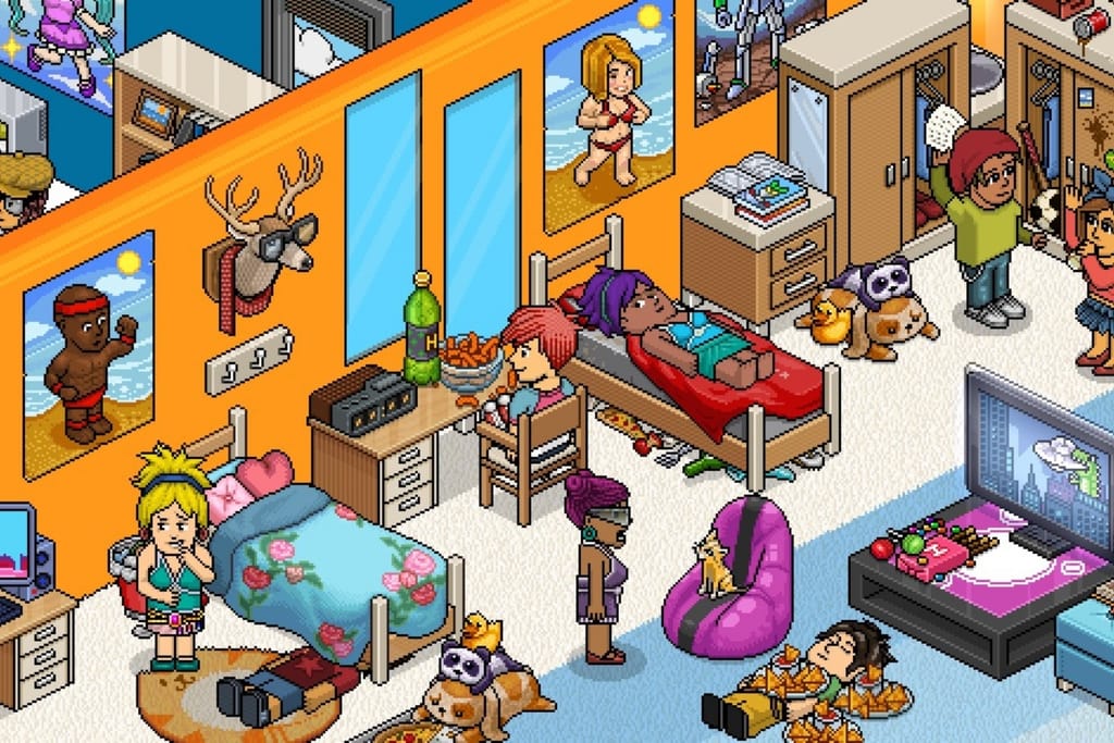 Habbo Hotelin pikselihuone, jossa avatarit viettävät aikaa ja sisustavat virtuaalista huonetta.