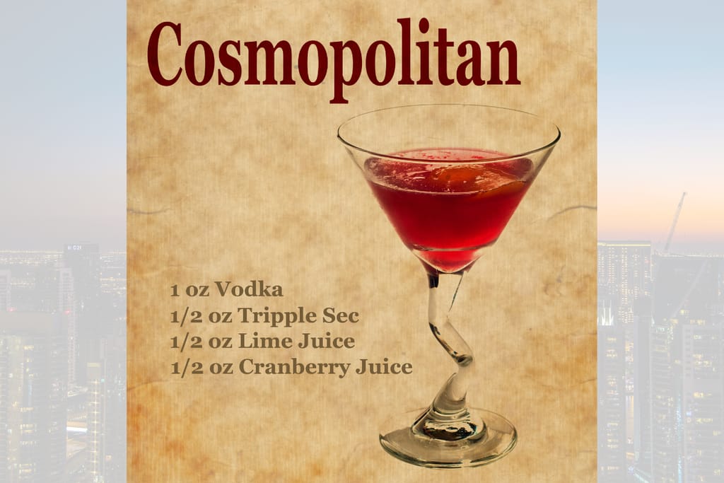 Cosmopolitan-drinkin resepti vanhanaikaiselle paperille kirjoitettuna.