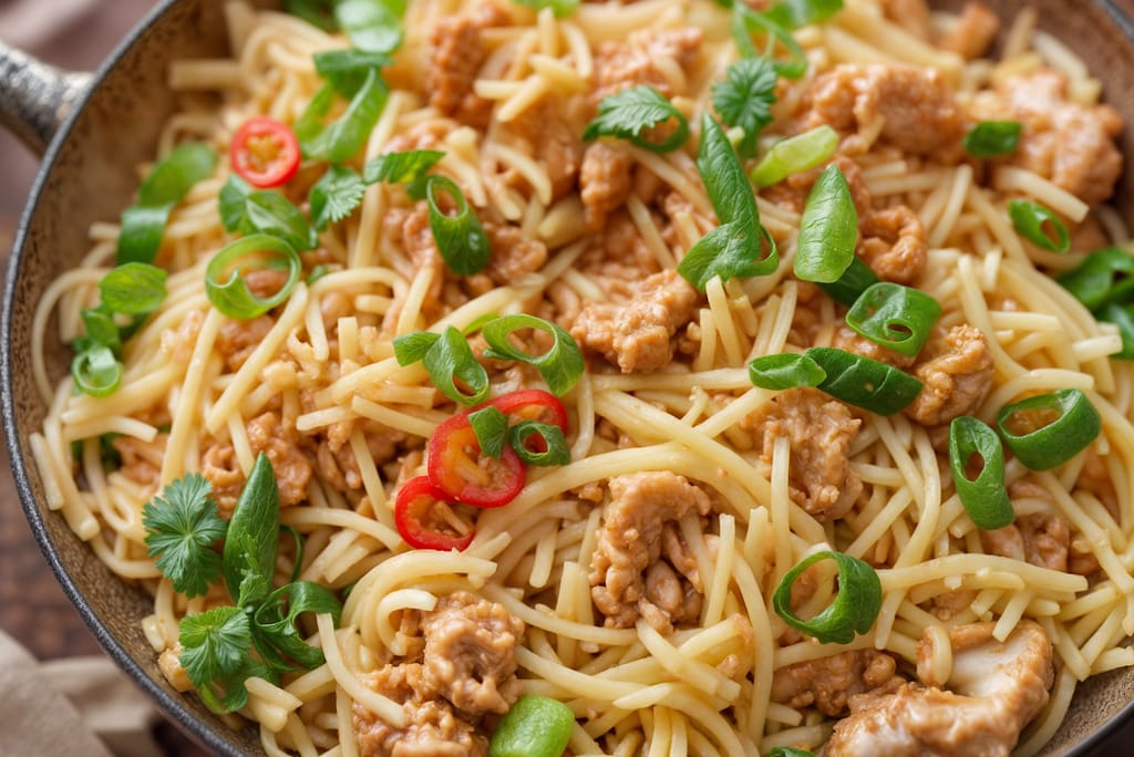 Pannulla valmistettu perunapohjainen nuudeliruoka, jossa on kastiketta, yrttejä ja viipaloitua chiliä.