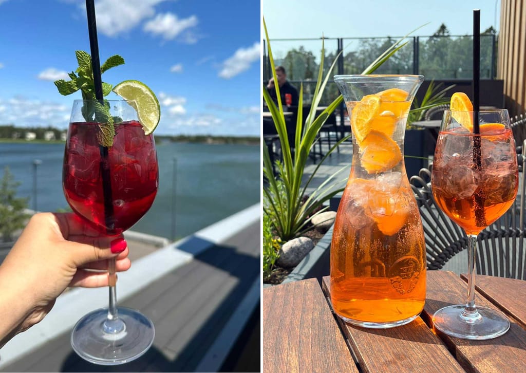 Nokkalan Majan Spritz-juomia auringossa kahdessa kuvassa.