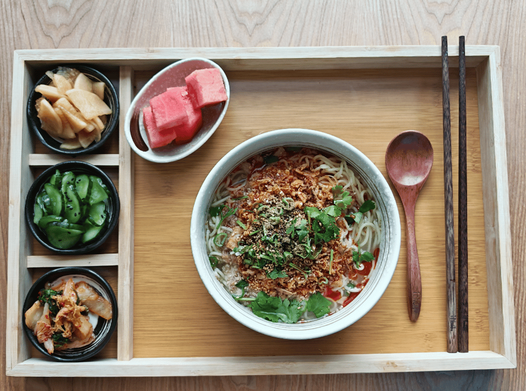 Nuudelikeitto tarjoilualustalla, lisukkeina pikkukulhot vihanneksia ja vesimelonia sekä syömäpuikot.