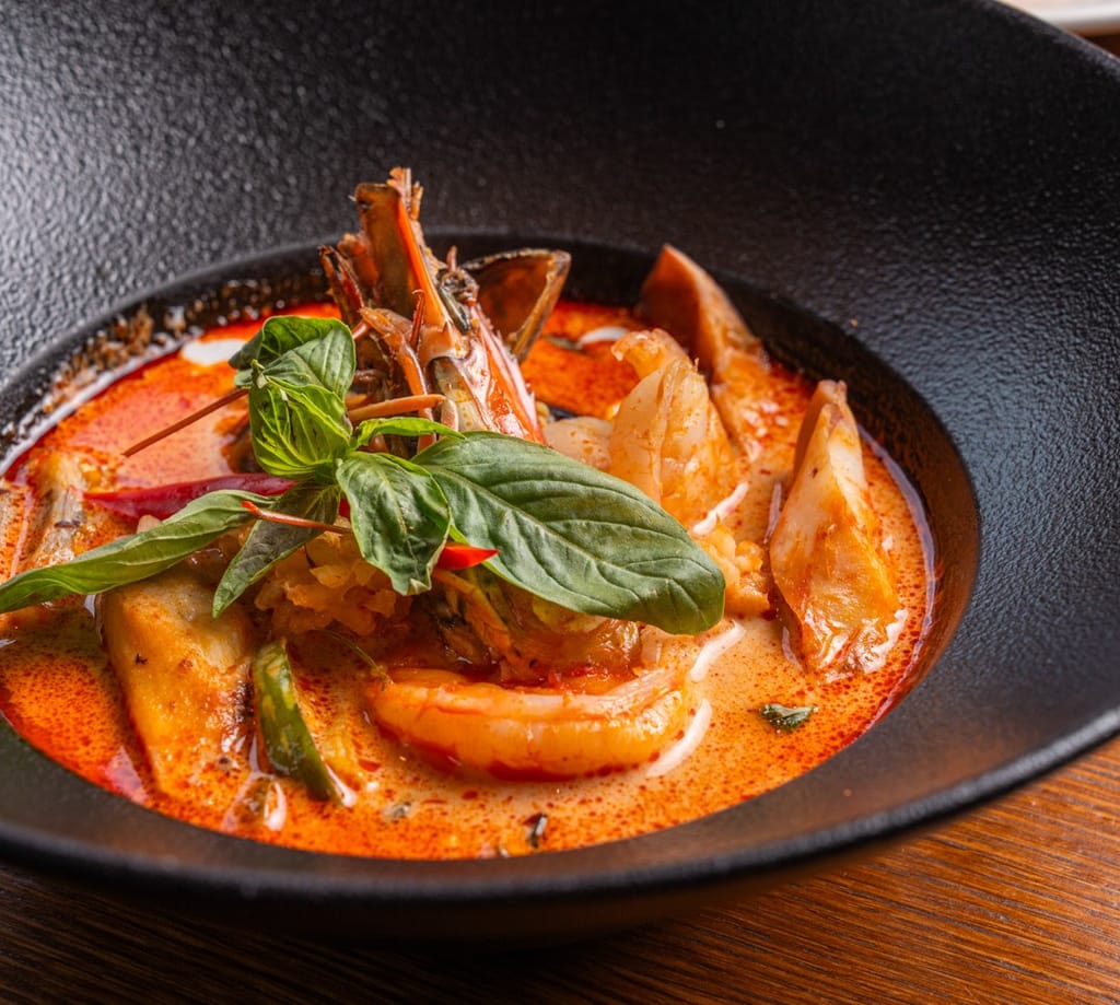 Tulinen katkarapukeitto kookosmaidossa, tarjoiltuna mustassa kulhossa basilikanlehdillä.