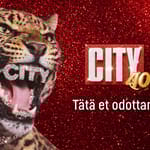 Leopardi murisee punaisella glittertaustalla, suussaan timantinkimalteinen teksti ”CITY”. Kuvassa näkyy myös logo ”City 40” ja teksti ”Tätä et odottanut”.