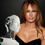 Melania Trump ja humanoidirobotti vierekkäin futuristisessa kuvassa