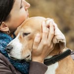 Nainen halaa ja suukottaa koiraa ulkona.