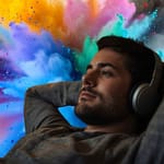 mies kuuntelee musiikkia kuulokkeilla värit synestesia musiikki värit ilmiö