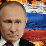 Vladimir Putin Venäjän lipun edessä liekkien ympäröimänä – kuvituskuva venäläisen järjestelmän kriisistä.