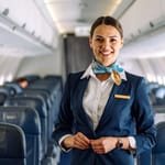 Lentoemäntä seisoo keskellä lentokoneen käytävää ja hymyilee.
