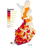 Traficomin Suomen kartta vuoden 2026 kuntakohtaisesta laajakaistaluokituksesta – kunnat värikoodattuna tähtimäärän mukaan tummasta punaisesta (5 tähteä) harmaaseen (alle 2 tähteä).