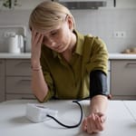 Nainen mittaa verenpainetta kotona päänsäryn kanssa