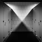 Yleinen wc-tila, monia wc-koppeja vastakkain. Tummasävyinen kuva.