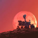 Punainen kallioinen Mars-maasto auringonlaskuvalossa