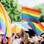 Lähikuva kädestä, joka pitää kolmea sateenkaarilippua Pride-kulkueen väkijoukossa. Liput ovat kirkkaanvärisiä ja tausta on sumea.
