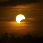 Matalalla horisontissa oleva osittainen auringonpimennys tummien puiden siluetin yläpuolella.