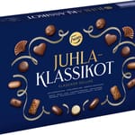 Fazerin sininen Juhlaklassikot-konvehtirasia, jonka kannessa on kultaiset koristeet ja luettelo rasian suklaakonvehtimauista.