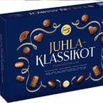 Fazerin sininen Juhlaklassikot-konvehtirasia, jonka kannessa on kultaiset koristeet ja luettelo rasian suklaakonvehtimauista.