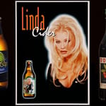 Golden Cap -siideripullo, Linda Cider -mainos ja vanha Sorbus-pullo rinnakkain.